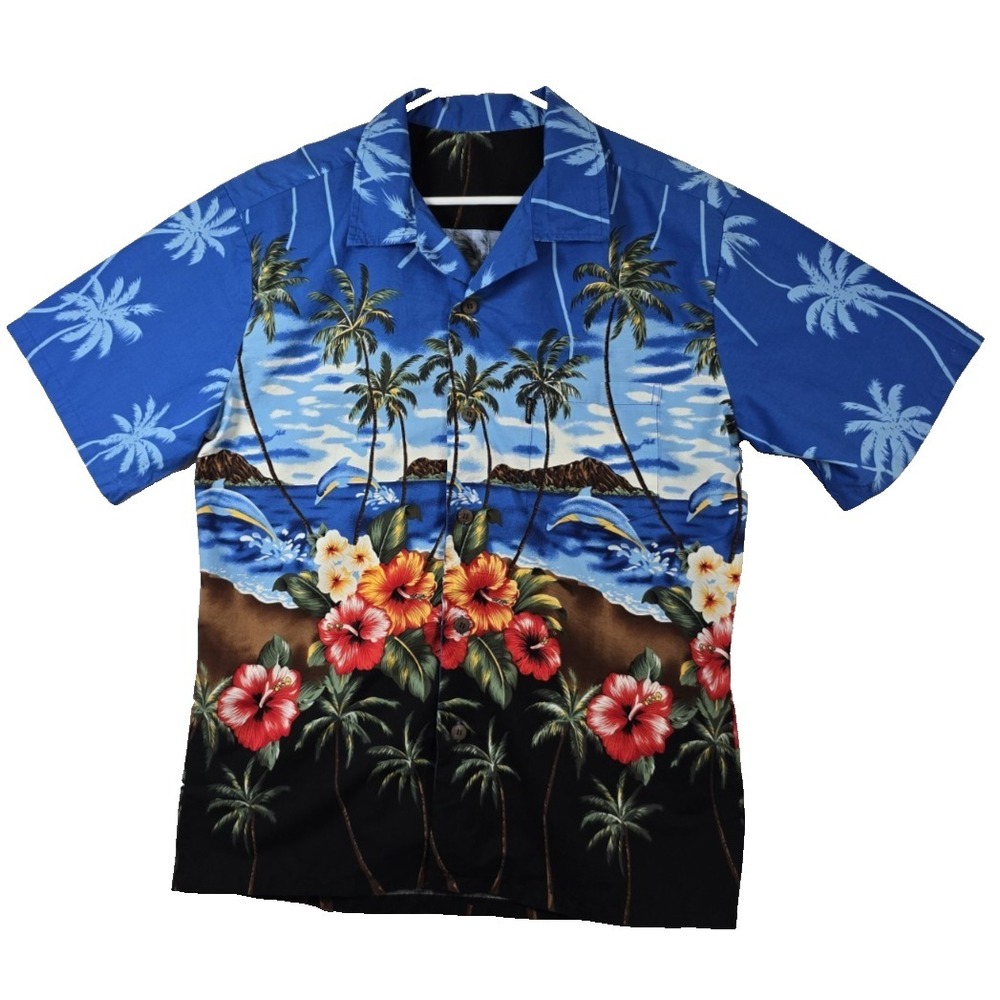 Mens Large Tropical Hawaiian Shirt Blue Palm Trees Dolphin Hibiscus Short Sleeve